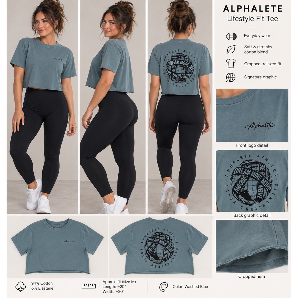 Alphalete Lifestyle Fit Tee Washed Blue Cropped Graphic T-Shirt Size M 0865